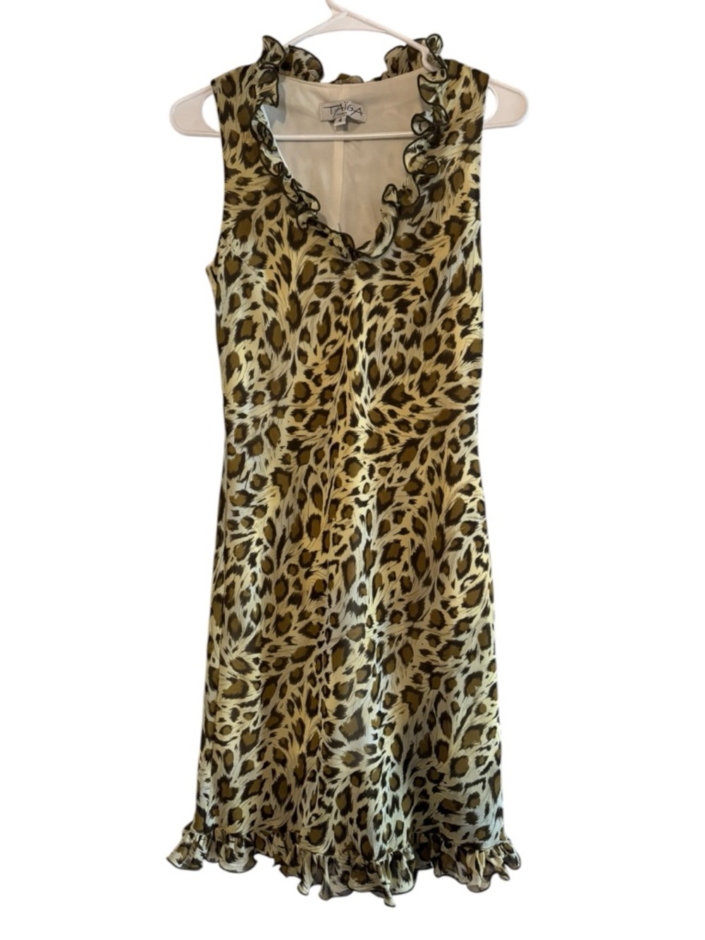 Sleeveless Leopard-Print Ruffle Midi Dress in Brown and Black